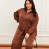Brown Oversized Shirt Satin Long Sleeve