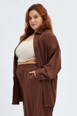 Brown Oversized Shirt Satin Long Sleeve -You And All Fashion Store cwc32118x 36a chocolate 4