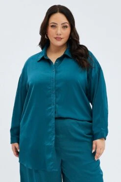 Blue Oversized Shirt Satin Long Sleeve -You And All Fashion Store cwc32118x 36ab teal 3