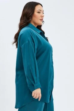Blue Oversized Shirt Satin Long Sleeve -You And All Fashion Store cwc32118x 36ab teal 4