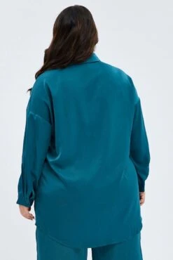 Blue Oversized Shirt Satin Long Sleeve -You And All Fashion Store cwc32118x 36ab teal 5