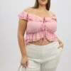 Pink Crop Top Off Shoulder Tie Front Ruffle