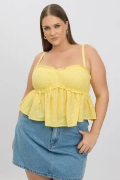 Yellow Broderie Cami Top Ruched Bust