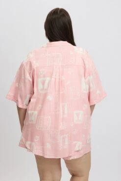 Pink Abstract Relaxed Shirt Short Sleeve Linen Blend -You And All Fashion Store cwc3466gx 47r abstract 5