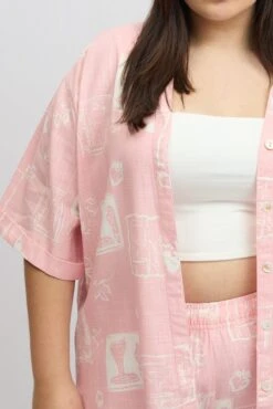 Pink Abstract Relaxed Shirt Short Sleeve Linen Blend -You And All Fashion Store cwc3466gx 47r abstract 6