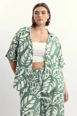 Green Abstract Relaxed Shirt Short Sleeve Linen Blend -You And All Fashion Store cwc3466lgx 47rb abstract 2
