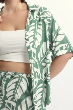 Green Abstract Relaxed Shirt Short Sleeve Linen Blend -You And All Fashion Store cwc3466lgx 47rb abstract 6