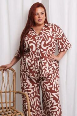 Brown Abstract Relaxed Shirt Short Sleeve Linen Blend