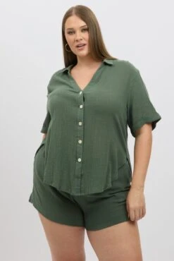 Green Relaxed Shirt Short Sleeve -You And All Fashion Store cwc3466rx 47rb dark khaki 3