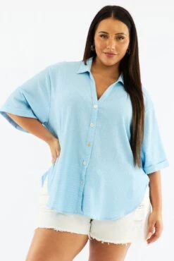 Blue Textured Shirt Short Sleeve -You And All Fashion Store cwc3466tc 47rb light blue 3