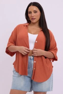 Brown Relaxed Shirt Short Sleeve Textured