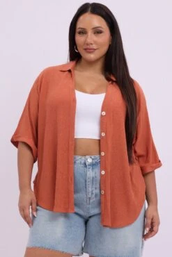 Brown Relaxed Shirt Short Sleeve Textured -You And All Fashion Store cwc3466tt 47rb rust 3