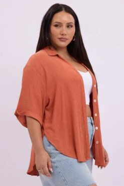 Brown Relaxed Shirt Short Sleeve Textured -You And All Fashion Store cwc3466tt 47rb rust 4