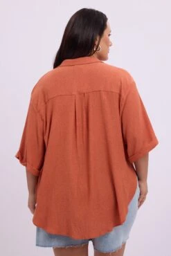 Brown Relaxed Shirt Short Sleeve Textured -You And All Fashion Store cwc3466tt 47rb rust 5