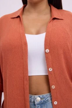 Brown Relaxed Shirt Short Sleeve Textured -You And All Fashion Store cwc3466tt 47rb rust 6