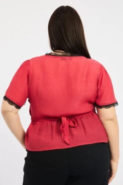 Red Crop Top Short Sleeve Lace Trim -You And All Fashion Store cwc3606 126r burgundy 4