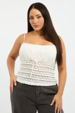 White Lace Top Sleeveless Ruched Bust