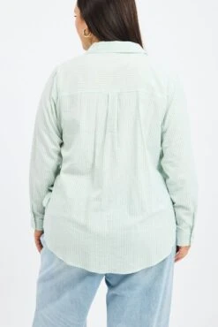Green Stripe Relaxed Shirt Long Sleeve Side Ribbon -You And All Fashion Store cwc5466 47r stripe 5