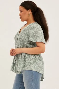Green Ditsy Shirred Shirts Short Sleeve V-neck -You And All Fashion Store cwc8372i 81rb ditsy 4