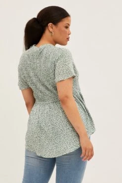 Green Ditsy Shirred Shirts Short Sleeve V-neck -You And All Fashion Store cwc8372i 81rb ditsy 5