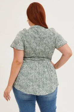 Floral Print Short Sleeve Shirred Shirts -You And All Fashion Store cwc8372p 81r floral prt 5