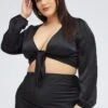 Black Crop Top Long Sleeve Tie Front Satin