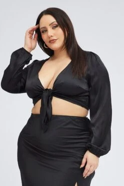 Black Crop Top Long Sleeve Tie Front Satin