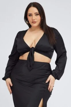 Black Crop Top Long Sleeve Tie Front Satin -You And All Fashion Store cwcc12856x 81r black 3