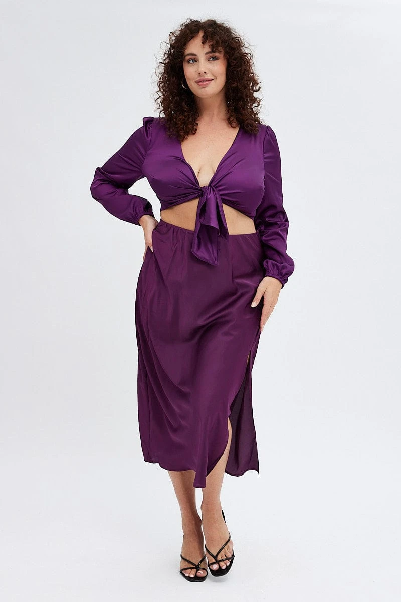 Purple Crop Top Long Sleeve Tie Front Satin 3 Purple Crop Top Long Sleeve Tie Front Satin - Image 3