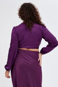 Purple Crop Top Long Sleeve Tie Front Satin 12 Purple Crop Top Long Sleeve Tie Front Satin -You And All Fashion Store cwcc12856x 81r plum 6