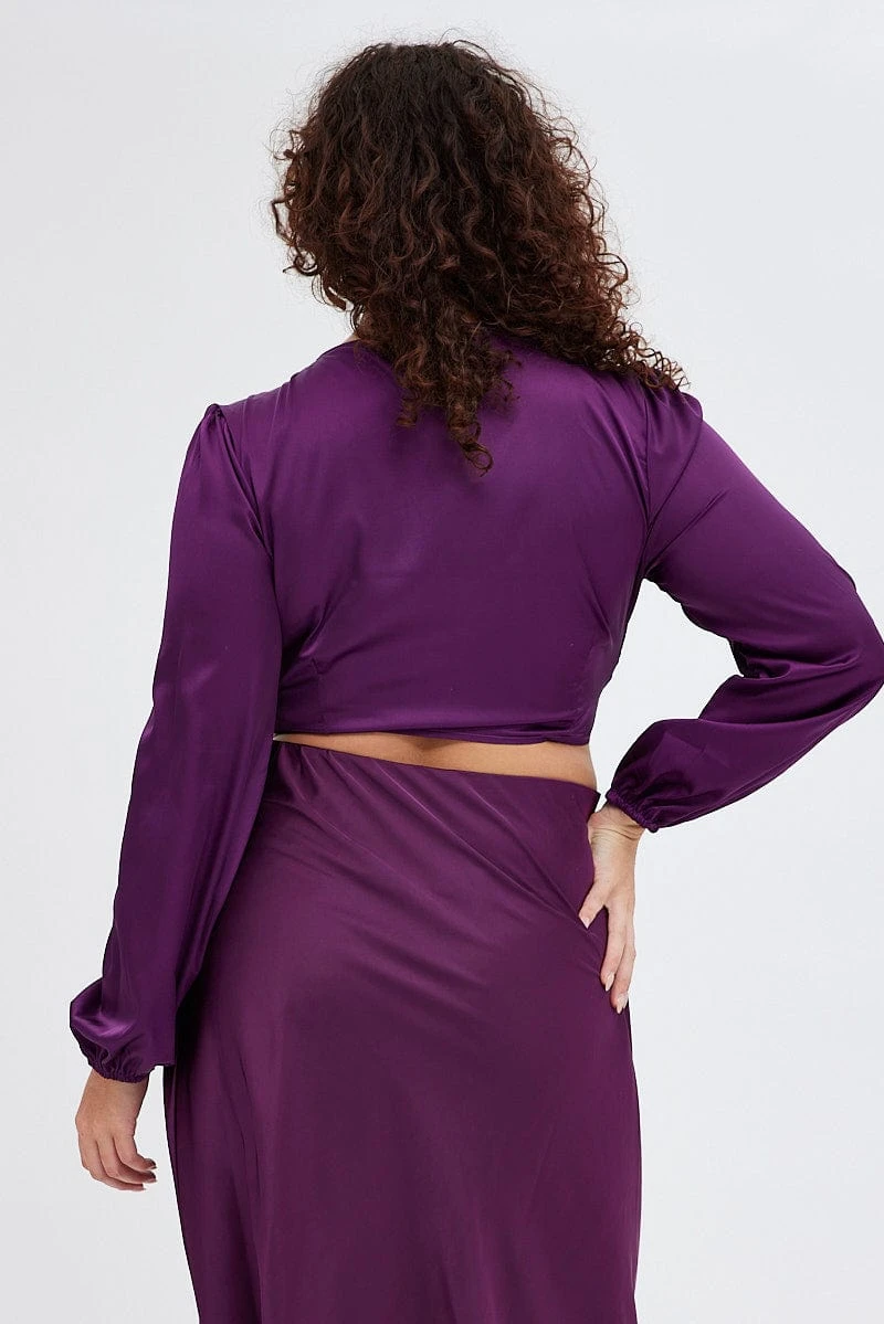 Purple Crop Top Long Sleeve Tie Front Satin 6 Purple Crop Top Long Sleeve Tie Front Satin - Image 6