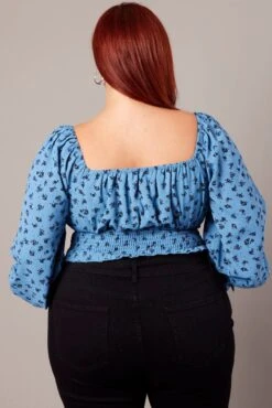 Blue Ditsy Crop Top Long Sleeve Shirred Waist -You And All Fashion Store cwcc6394r 59r ditsy 5