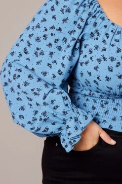 Blue Ditsy Crop Top Long Sleeve Shirred Waist -You And All Fashion Store cwcc6394r 59r ditsy 6