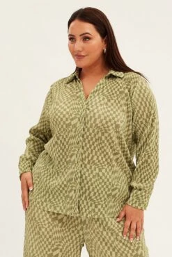 Green Check Relaxed Shirt Long Sleeve Plisse -You And All Fashion Store cwcc8223bx 36r check 3