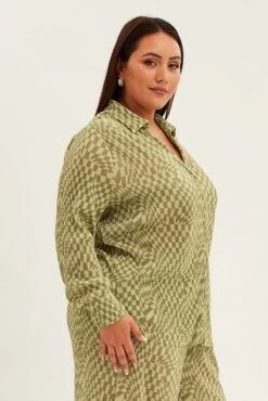 Green Check Relaxed Shirt Long Sleeve Plisse -You And All Fashion Store cwcc8223bx 36r check 4