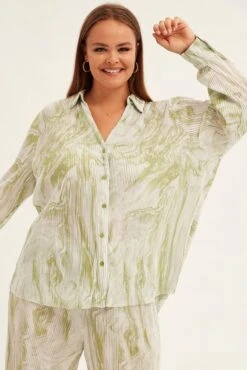 Green Abstract Relaxed Shirt Long Sleeve V-neck Plisse -You And All Fashion Store cwcc8223ex 36rb abstract 4