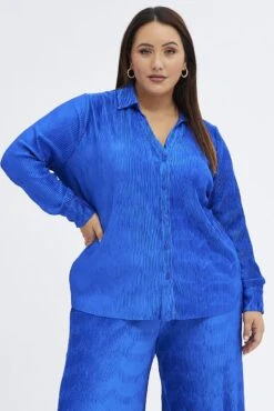 Blue Relaxed Shirt Long Sleeve Plisse -You And All Fashion Store cwcc8223gx 36r azure 3