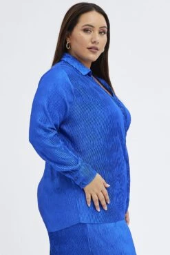 Blue Relaxed Shirt Long Sleeve Plisse -You And All Fashion Store cwcc8223gx 36r azure 4