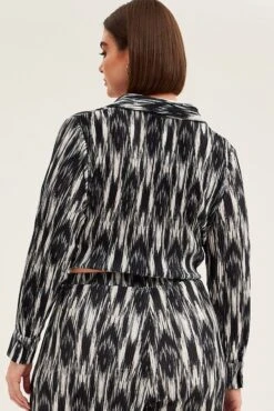 Black Abstract Relaxed Shirt Long Sleeve V-neck Plisse -You And All Fashion Store cwcc8223gx 36rb abstract 5