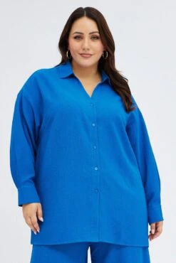 Blue Textured Shirt Crinkle Button Through Oversized -You And All Fashion Store cwcc8223x 36a cobalt 3