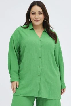 Green Textured Shirt Crinkle Button Through Oversized