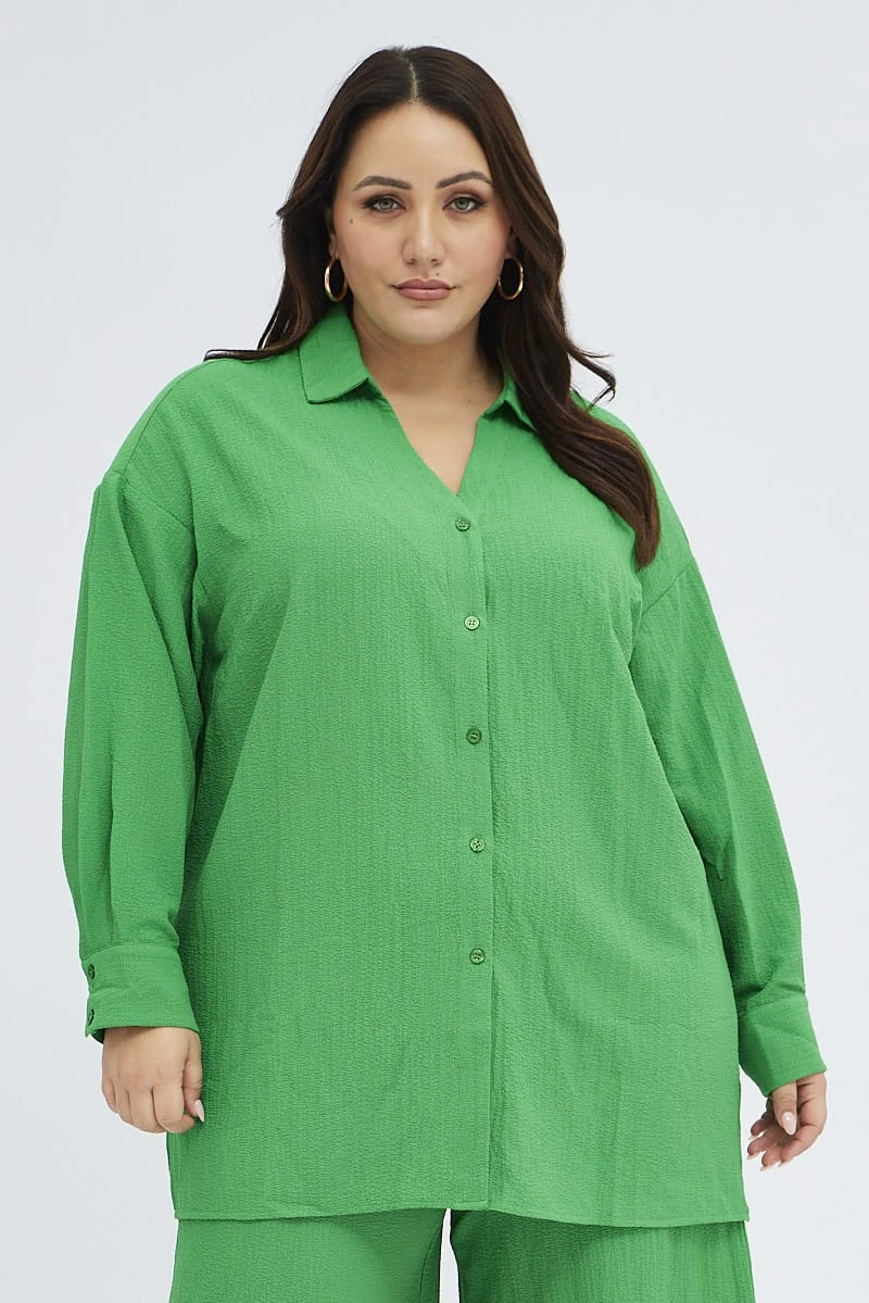 Green Textured Shirt Crinkle Button Through Oversized 3 Green Textured Shirt Crinkle Button Through Oversized - Image 3