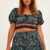 Black Boho Crop Top Short Sleeve Shirred Waist