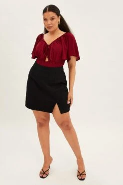 Red Shirred Bodysuit Short Sleeve Cut Out