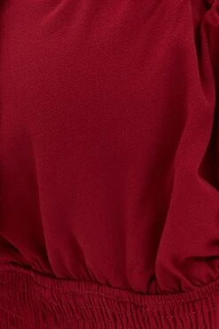 Red Shirred Bodysuit Short Sleeve Cut Out -You And All Fashion Store cwd1128 34r wine 5