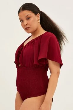 Red Shirred Bodysuit Short Sleeve Cut Out -You And All Fashion Store cwd1128 34r wine 6