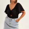 Black Shirred Bodysuit Short Sleeve Cut Out