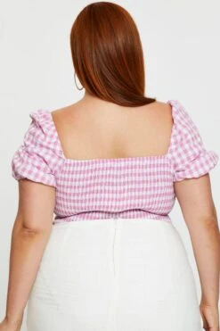 Check Shirred Bodysuit Short Sleeve -You And All Fashion Store cwd22036b 52lb check 5