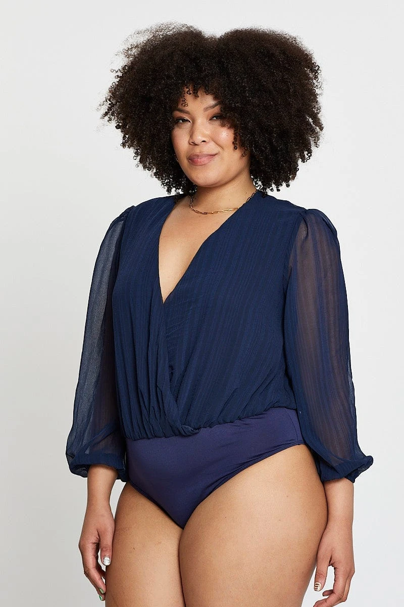 Blue Marl Long Sleeve V-neck Bodysuit 2 Blue Marl Long Sleeve V-neck Bodysuit - Image 2