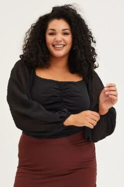 Black Ruched Bodysuit Textured Long Sleeve